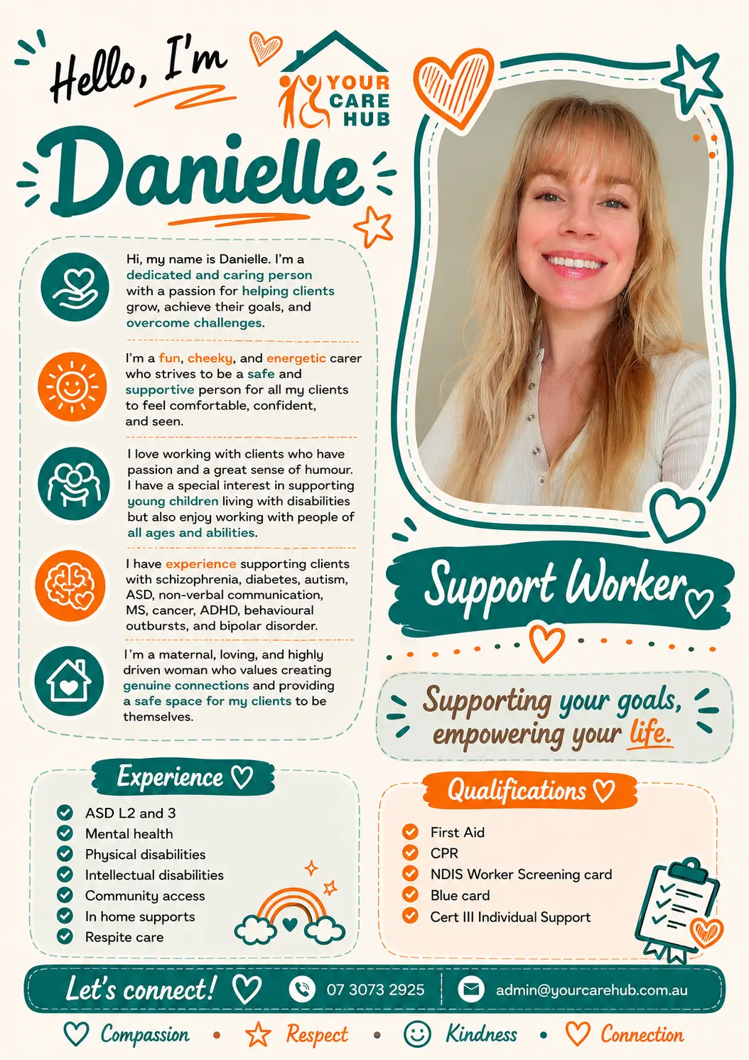 Profile card for Danielle, Support Worker at Your Care Hub — Fun, energetic and caring, with a special interest in supporting young children living with disabilities as well as people of all ages.