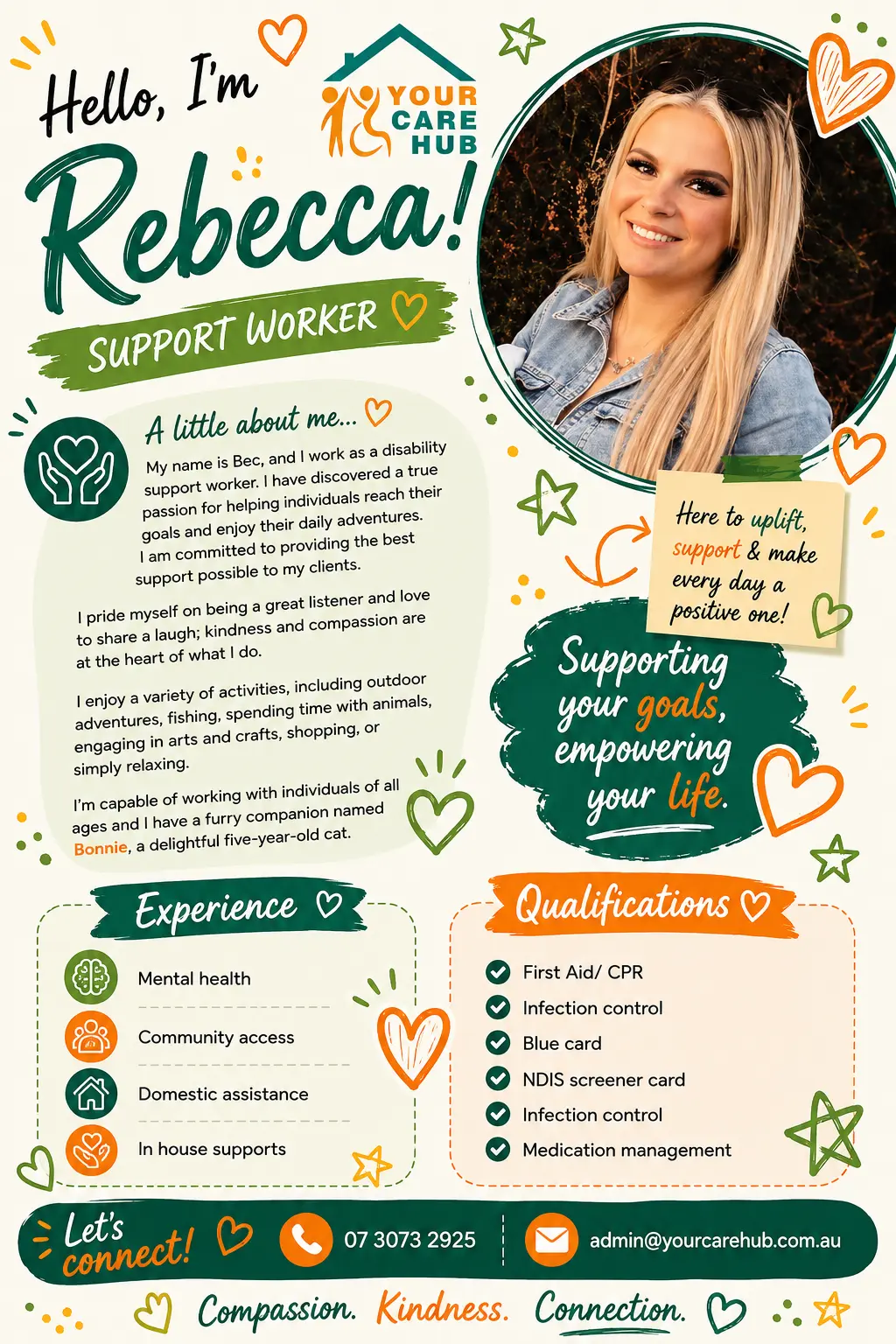 Profile card for Rebecca, Support Worker at Your Care Hub — A great listener who loves sharing a laugh; enjoys outdoor adventures, fishing, arts and crafts, and time with her cat Bonnie.