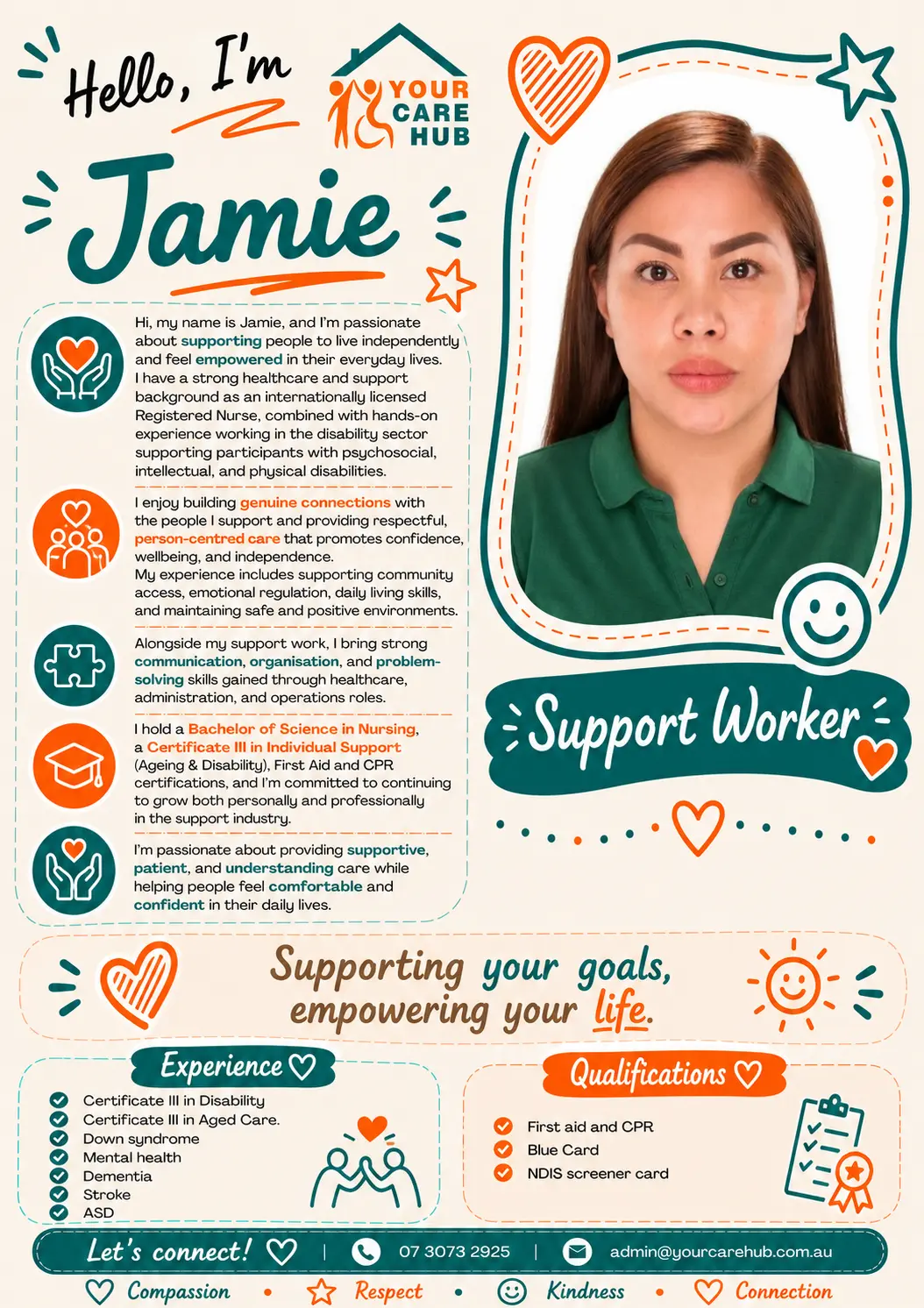 Profile card for Jamie, Support Worker at Your Care Hub — An internationally licensed Registered Nurse with hands-on disability experience across psychosocial, intellectual and physical disabilities.