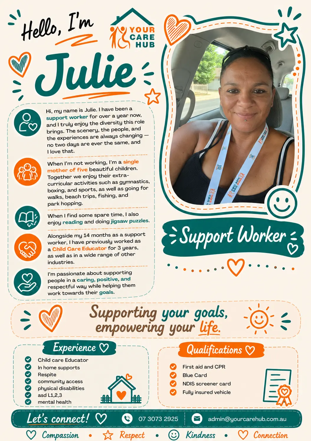 Profile card for Julie, Support Worker at Your Care Hub — A former child care educator and mum of five who loves the variety support work brings — no two days are ever the same.