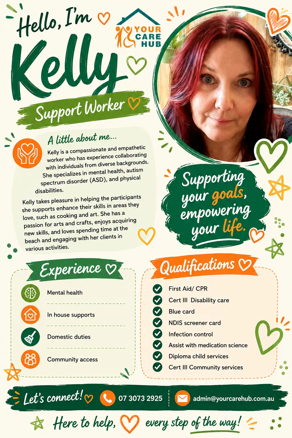 Profile card for Kelly, Support Worker at Your Care Hub — Specialises in mental health, autism and physical disabilities, and enjoys helping people build skills in cooking and art.
