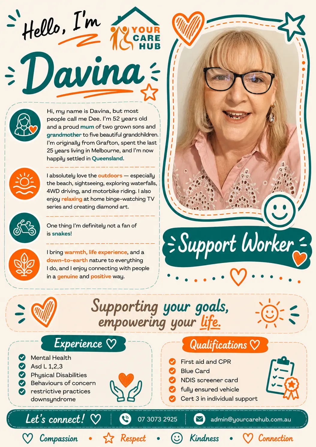 Profile card for Davina, Support Worker at Your Care Hub — Known as Dee — a mum and grandmother who brings warmth, life experience and a down-to-earth nature to everything she does.