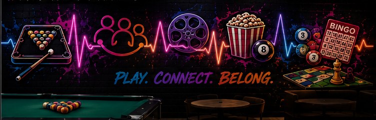Neon heartbeat mural concept linking pool, people, movies, popcorn and bingo icons
