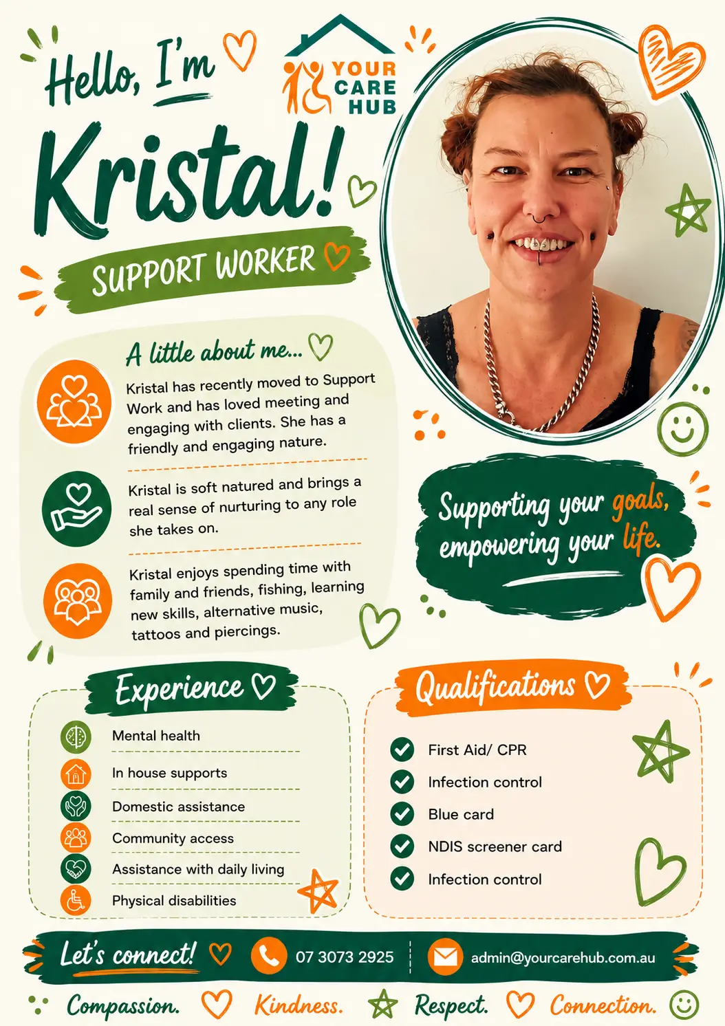 Profile card for Kristal, Support Worker at Your Care Hub — Friendly and engaging, bringing a real sense of nurturing to daily living, community access and in-home supports.
