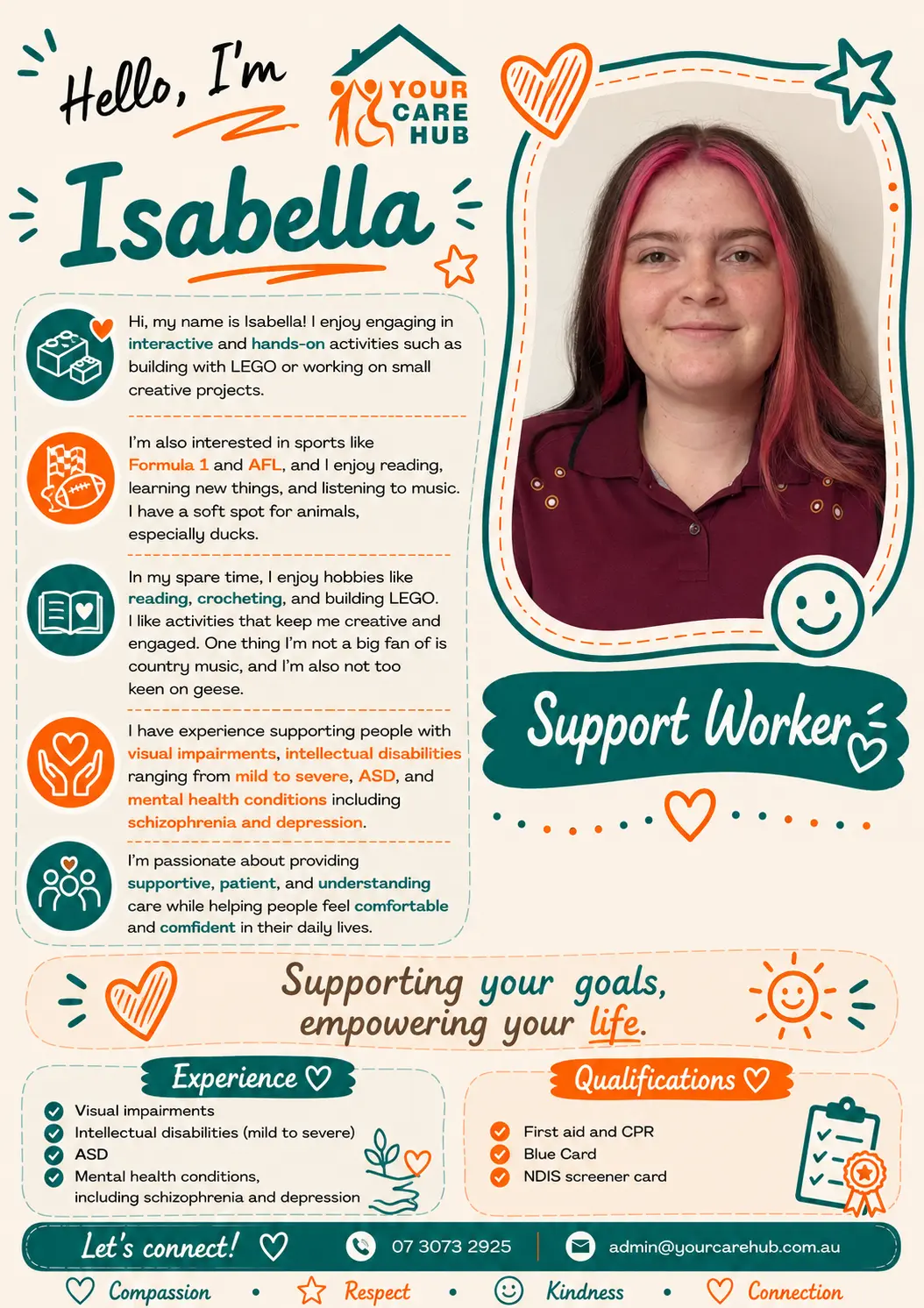 Profile card for Isabella, Support Worker at Your Care Hub — Loves hands-on and creative activities, and supports people with visual impairments, intellectual disabilities, autism and mental health conditions.