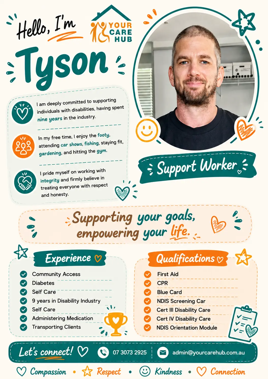 Profile card for Tyson, Support Worker at Your Care Hub — Nine years in the industry, working with integrity and treating everyone with respect and honesty.
