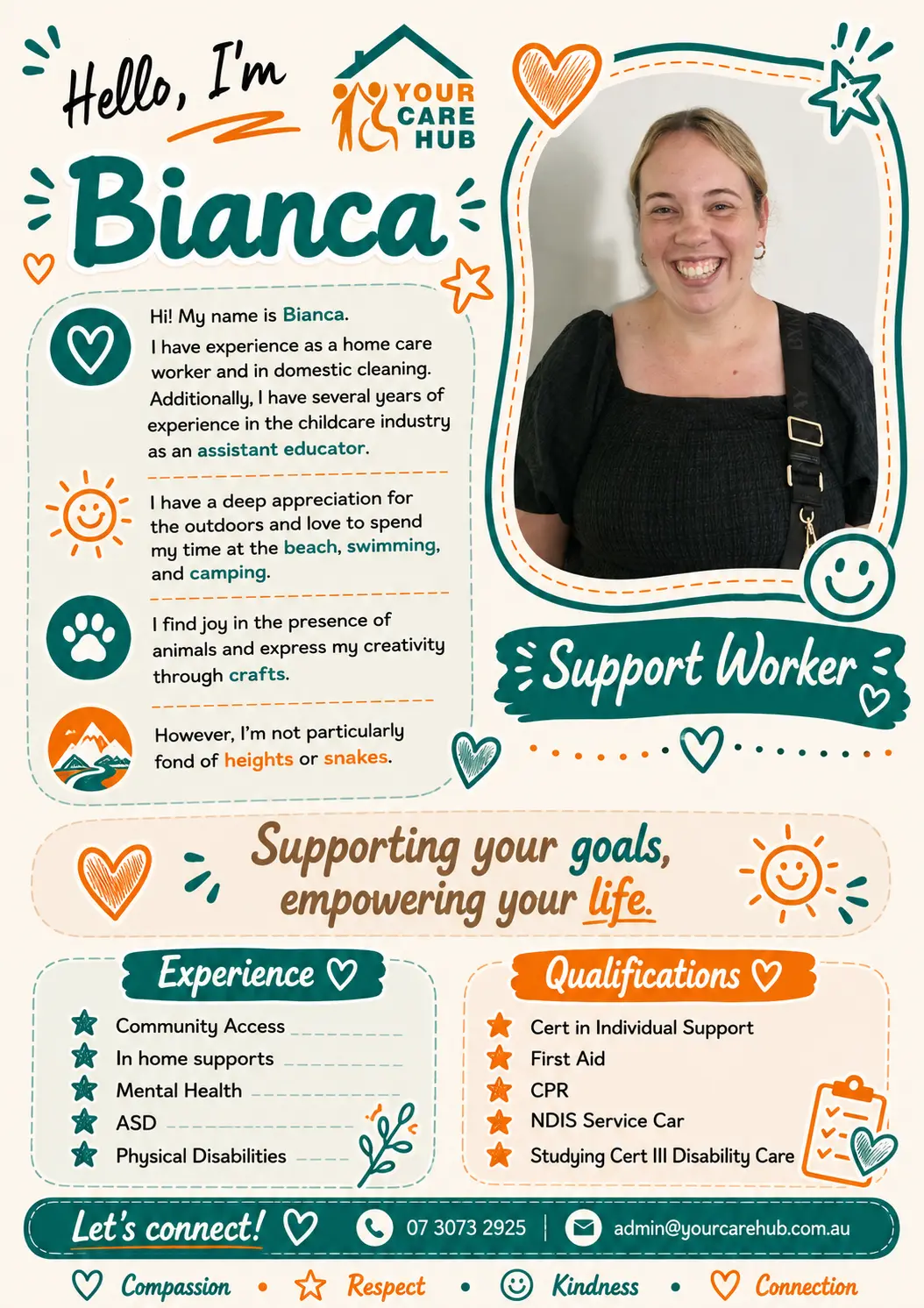 Profile card for Bianca, Support Worker at Your Care Hub — Experience in home care, domestic cleaning and childcare as an assistant educator; loves the beach, swimming, camping and crafts.