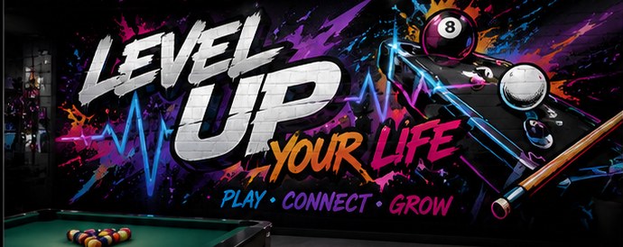 Graffiti mural concept reading Level Up Your Life with a cue, eight ball and paint splashes