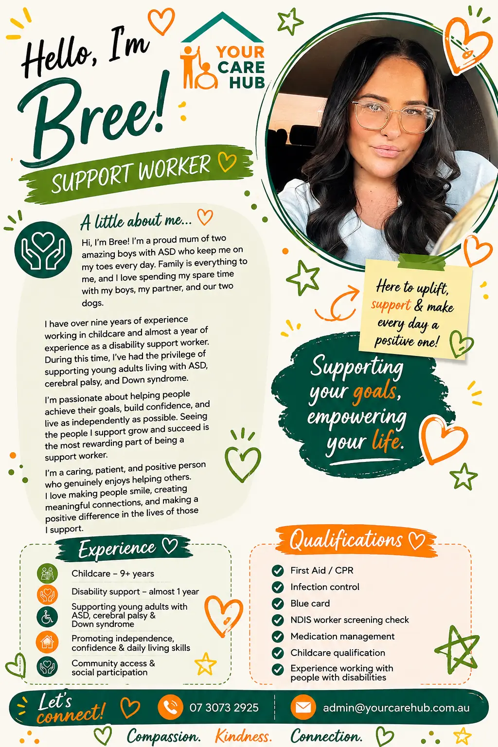 Profile card for Bree, Support Worker at Your Care Hub — A proud mum of two boys with ASD, with nine years in childcare and experience supporting young adults with autism, cerebral palsy and Down syndrome.