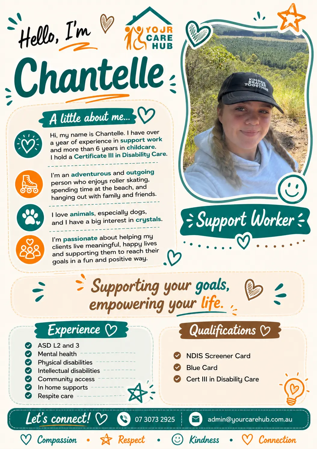 Profile card for Chantelle, Support Worker at Your Care Hub — Adventurous and outgoing, with over a year in support work and six years in childcare; holds a Certificate III in Disability Care.