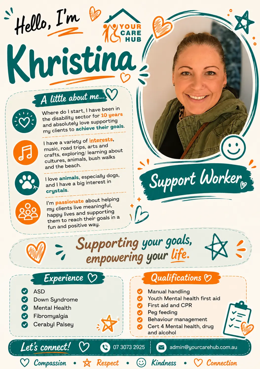 Profile card for Khristina, Support Worker at Your Care Hub — Ten years in the disability sector, supporting clients to live meaningful, happy lives and reach their goals in a positive way.
