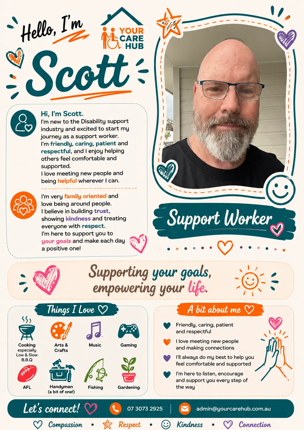 Profile card for Scott, Support Worker at Your Care Hub — New to disability support and family oriented, focused on building trust and making every day a positive one.