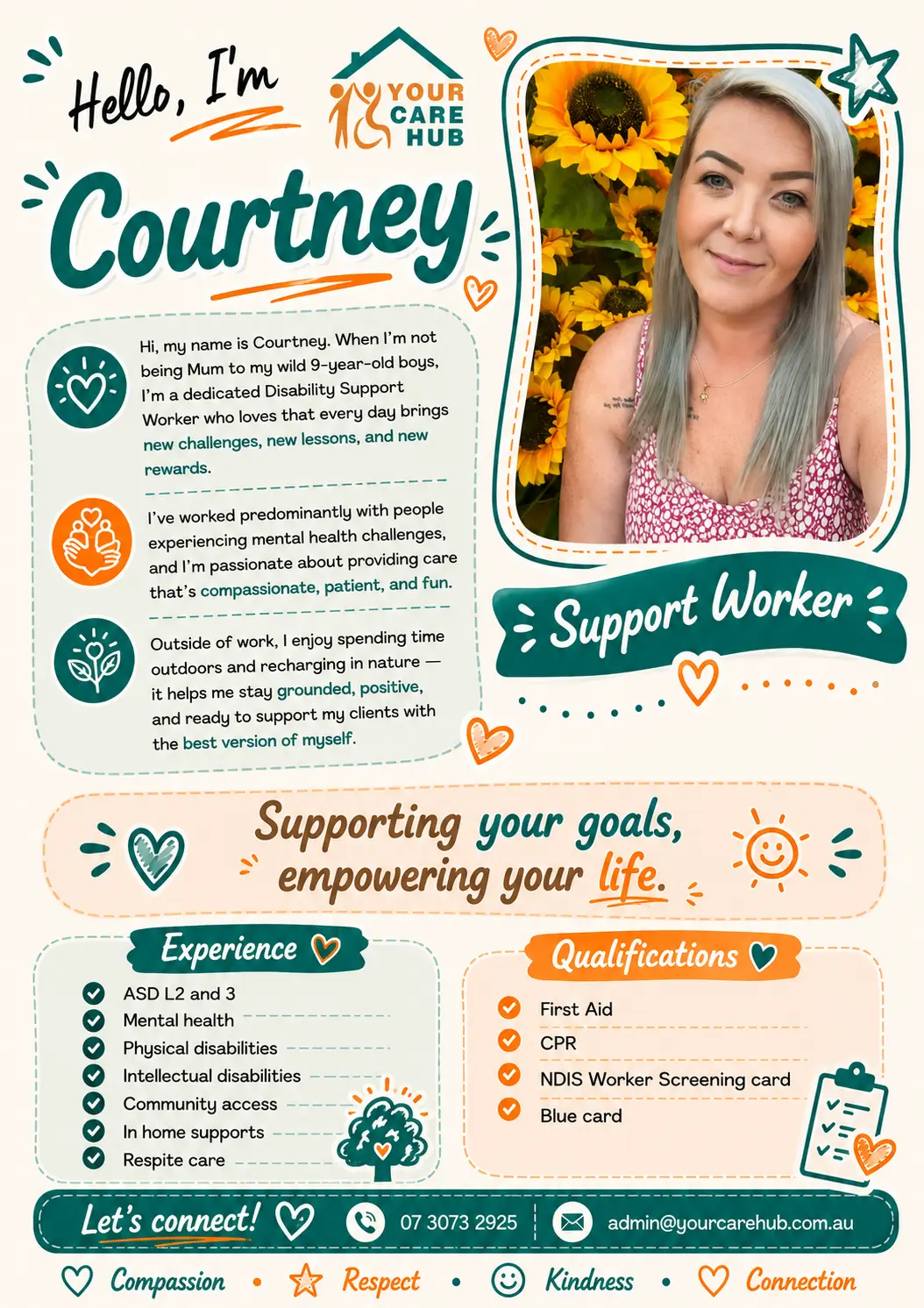 Profile card for Courtney, Support Worker at Your Care Hub — Mum to two boys, works predominantly with people experiencing mental health challenges, and recharges outdoors in nature.