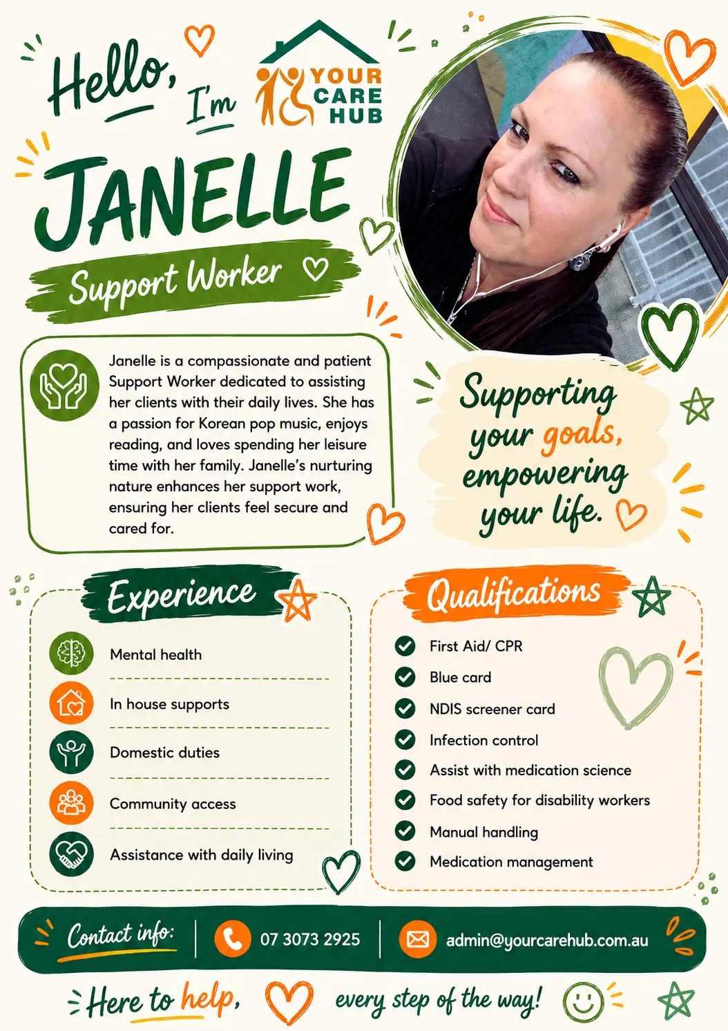 Profile card for Janelle, Support Worker at Your Care Hub — Compassionate and patient, with a nurturing approach that helps the people she supports feel secure and cared for.
