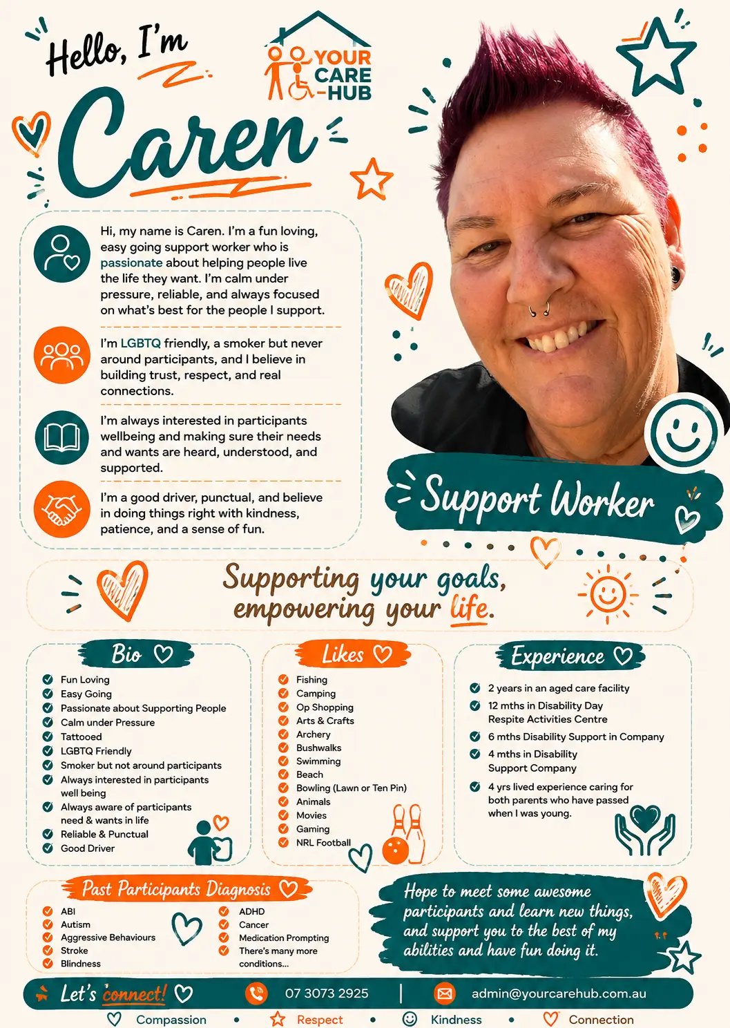 Profile card for Caren, Support Worker at Your Care Hub — Fun loving and easy going, with experience across aged care and disability support; LGBTQ friendly and focused on trust, respect and real connections.