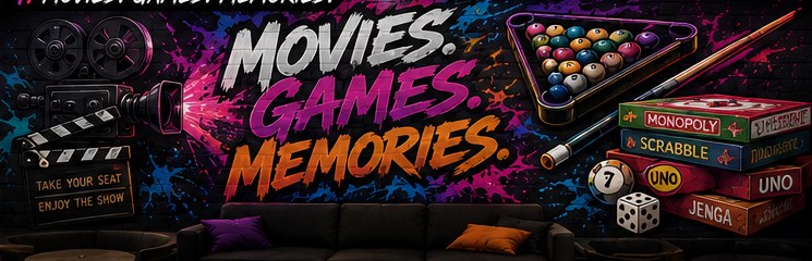 Graffiti mural concept reading Movies Games Memories with a film camera and board games