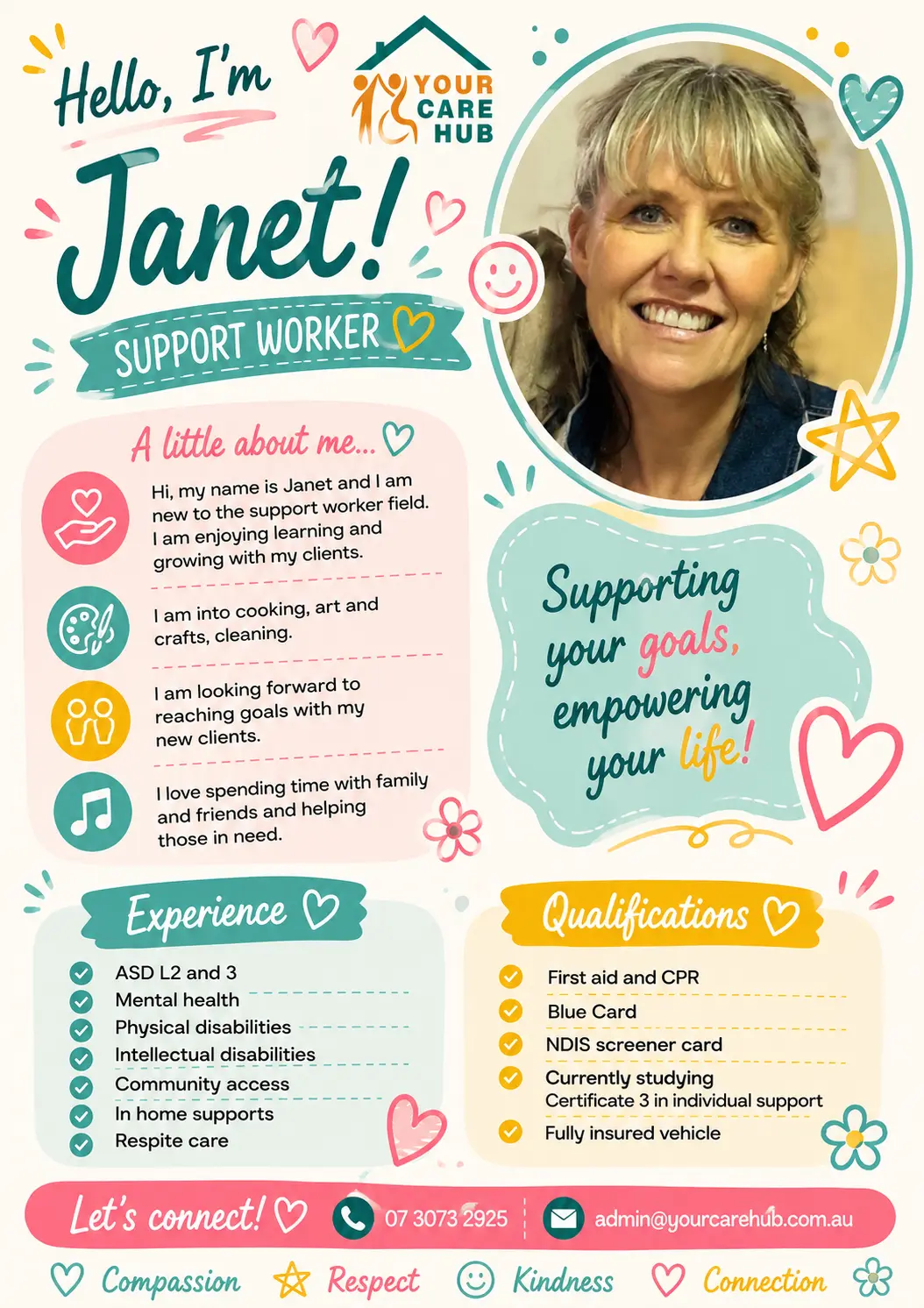 Profile card for Janet, Support Worker at Your Care Hub — New to support work and loving it — into cooking, art and crafts, and looking forward to reaching goals alongside her clients.