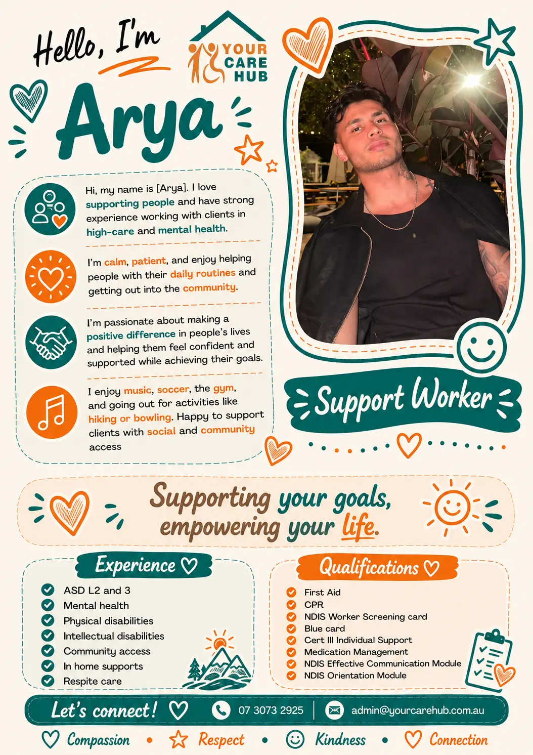 Profile card for Arya, Support Worker at Your Care Hub — Calm and patient, with strong experience in high-care and mental health; enjoys music, soccer, the gym and getting out into the community.