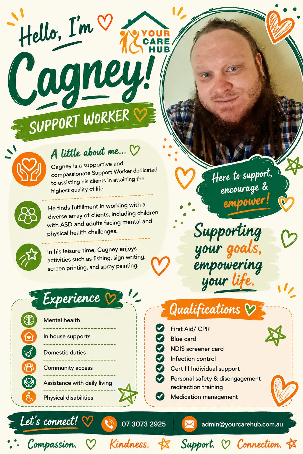 Profile card for Cagney, Support Worker at Your Care Hub — Supportive and compassionate, working with children with ASD and adults facing mental and physical health challenges; enjoys fishing and sign writing.