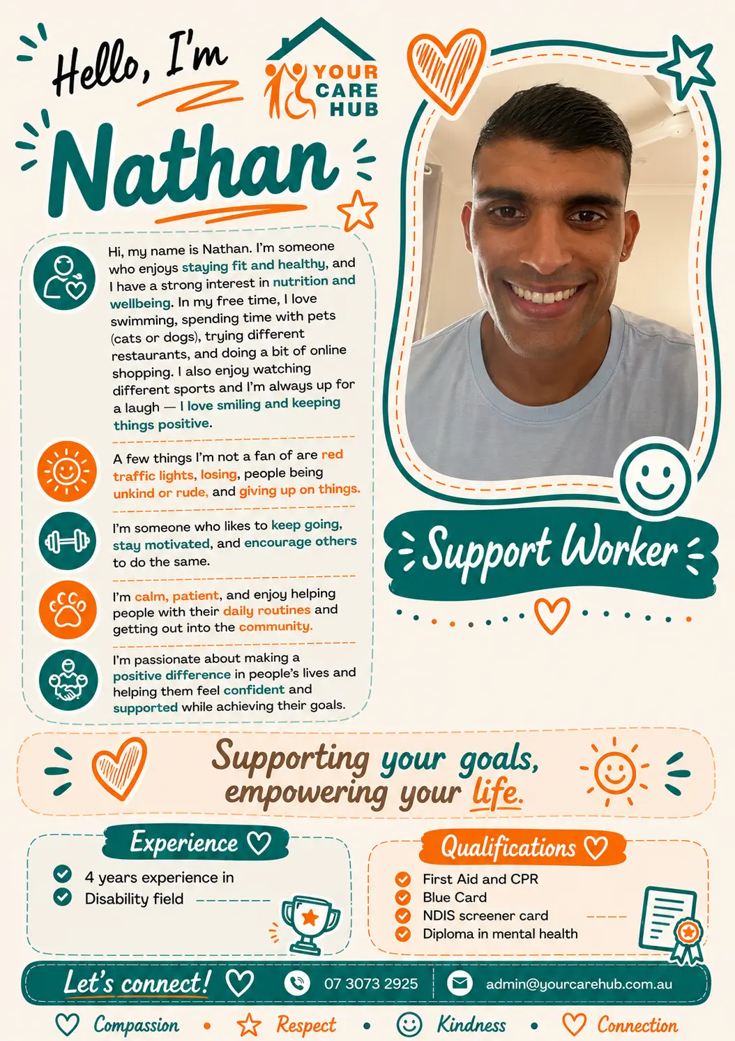 Profile card for Nathan, Support Worker at Your Care Hub — Calm, patient and motivating, with four years in the disability field and a strong interest in nutrition and wellbeing.
