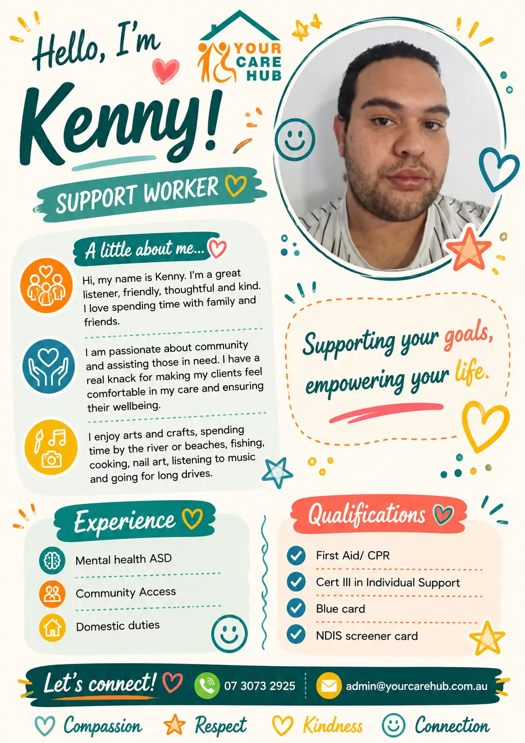 Profile card for Kenny, Support Worker at Your Care Hub — A great listener who is passionate about community, with a knack for helping the people he supports feel comfortable.