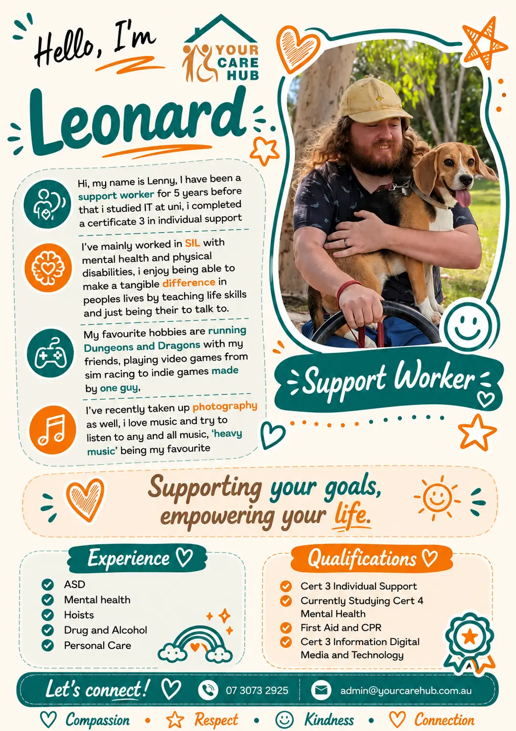Profile card for Leonard, Support Worker at Your Care Hub — Five years of support work with a focus on teaching life skills; a gamer, tabletop player and keen photographer.
