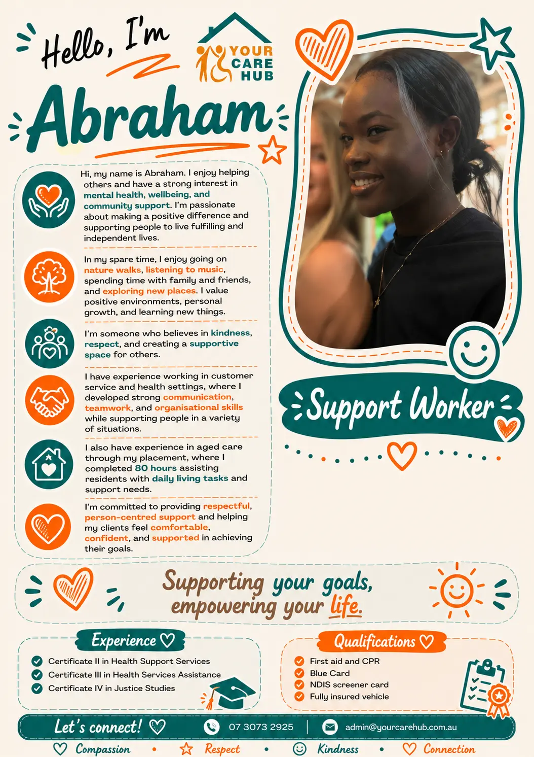 Profile card for Abraham, Support Worker at Your Care Hub — Passionate about mental health, wellbeing and community support, with experience in customer service, health settings and aged care.