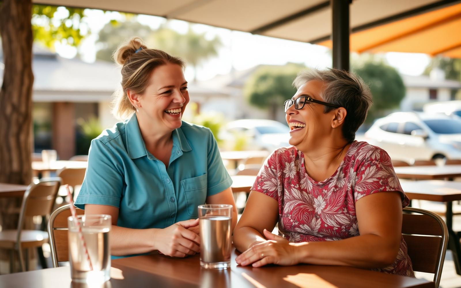 A support worker and a participant chatting and laughing together at an outdoor cafe