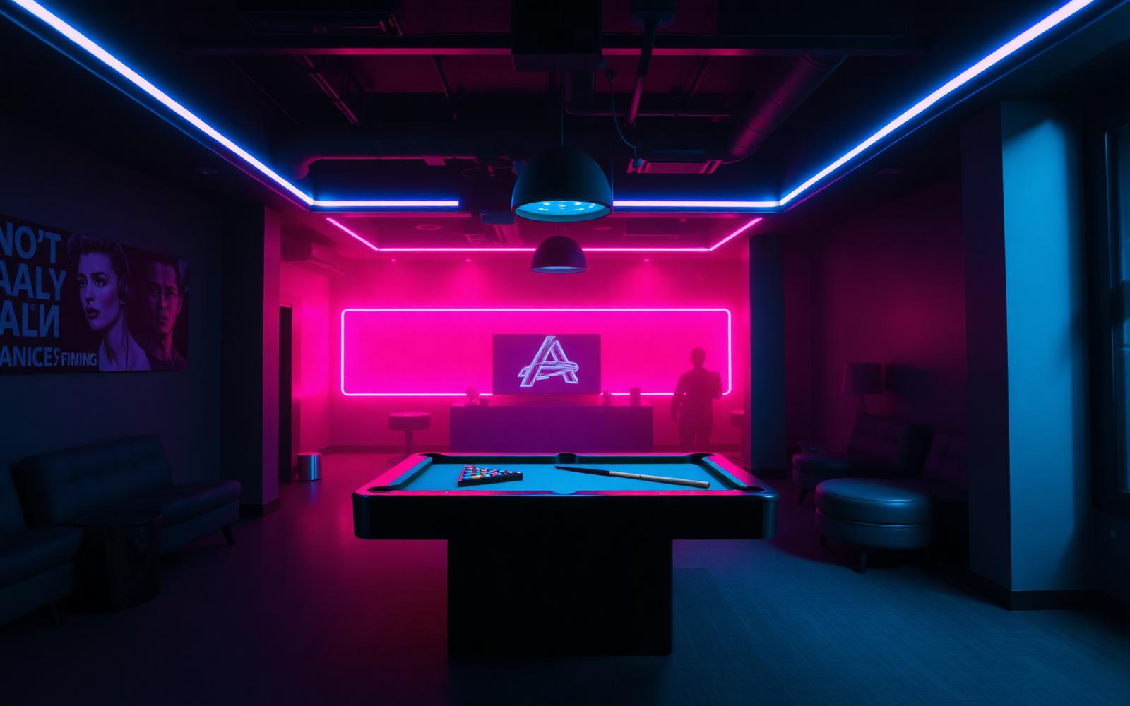 Inside The Pulse: a pool table lit by cyan and magenta neon lighting
