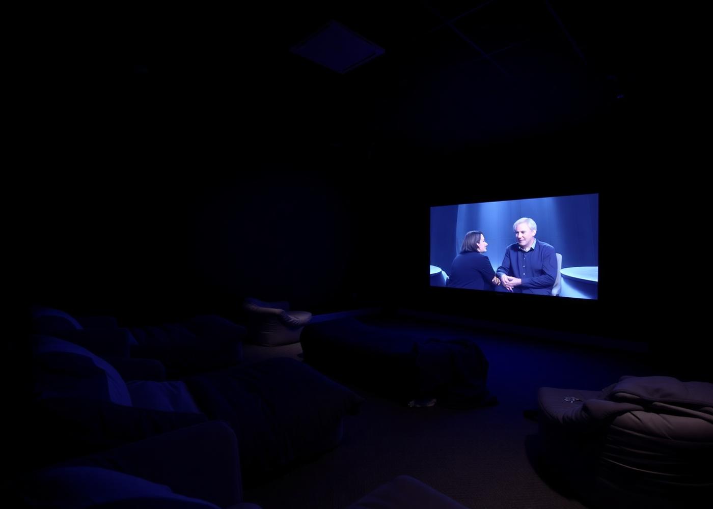 A dimly lit sensory room with soft seating and a large screen showing a movie